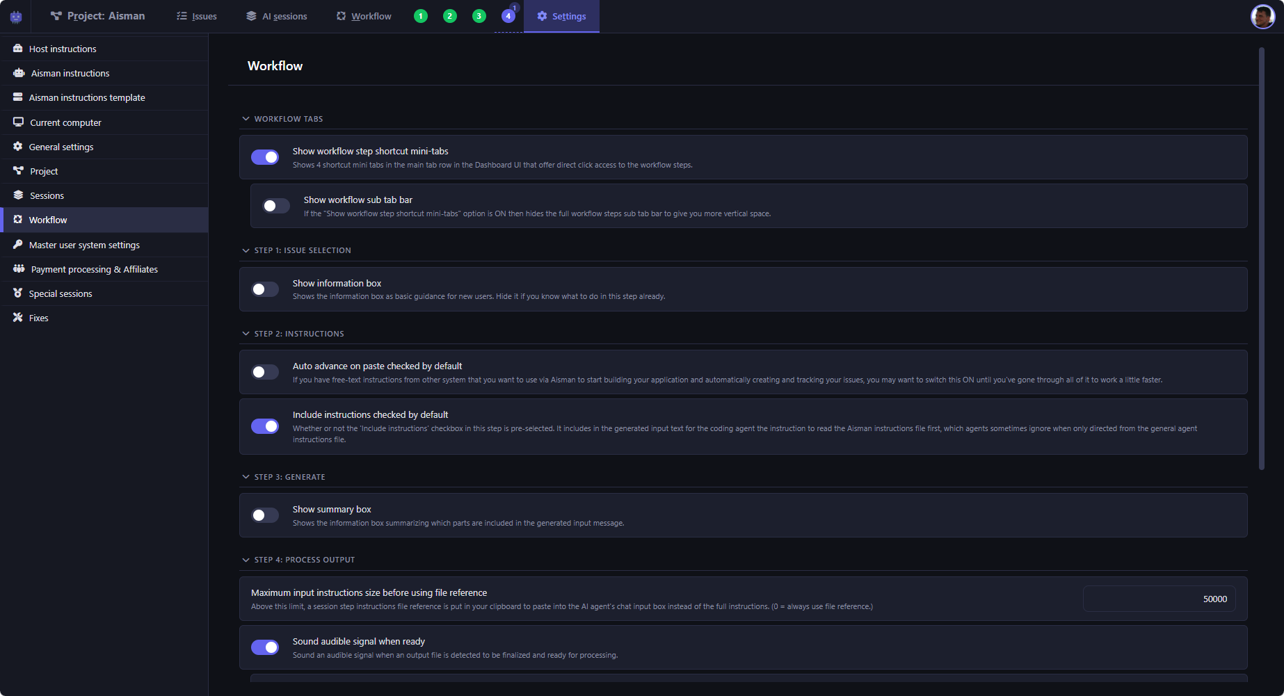 Workflow settings